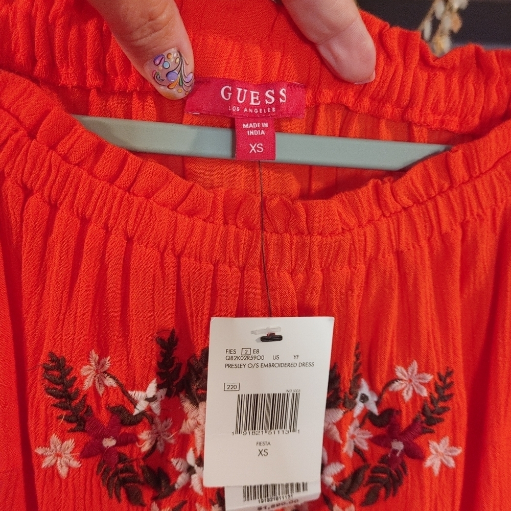 GUESS Presley Off Shoulder Embroidered Dress XS Fiesta Orange Boho Floral NWT - Picture 7 of 8